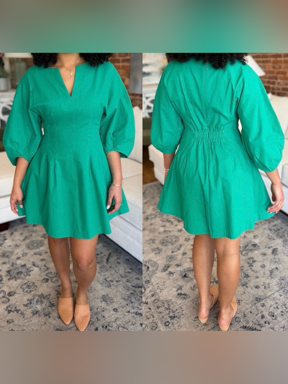 Emerald Green V-Neck Puff Sleeve Mini Dress